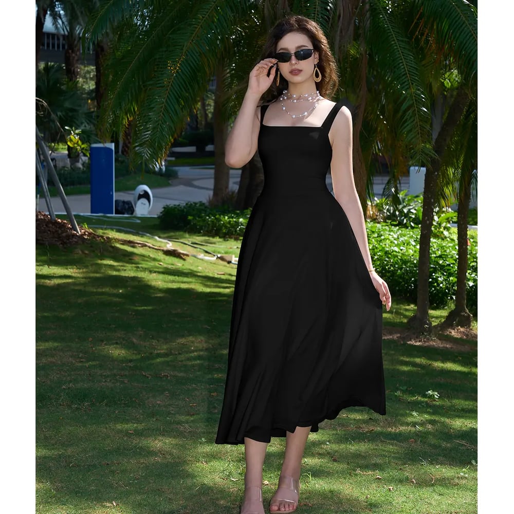 Women's Sleeveless Square Neck A-Line Maxi Dress with Pockets