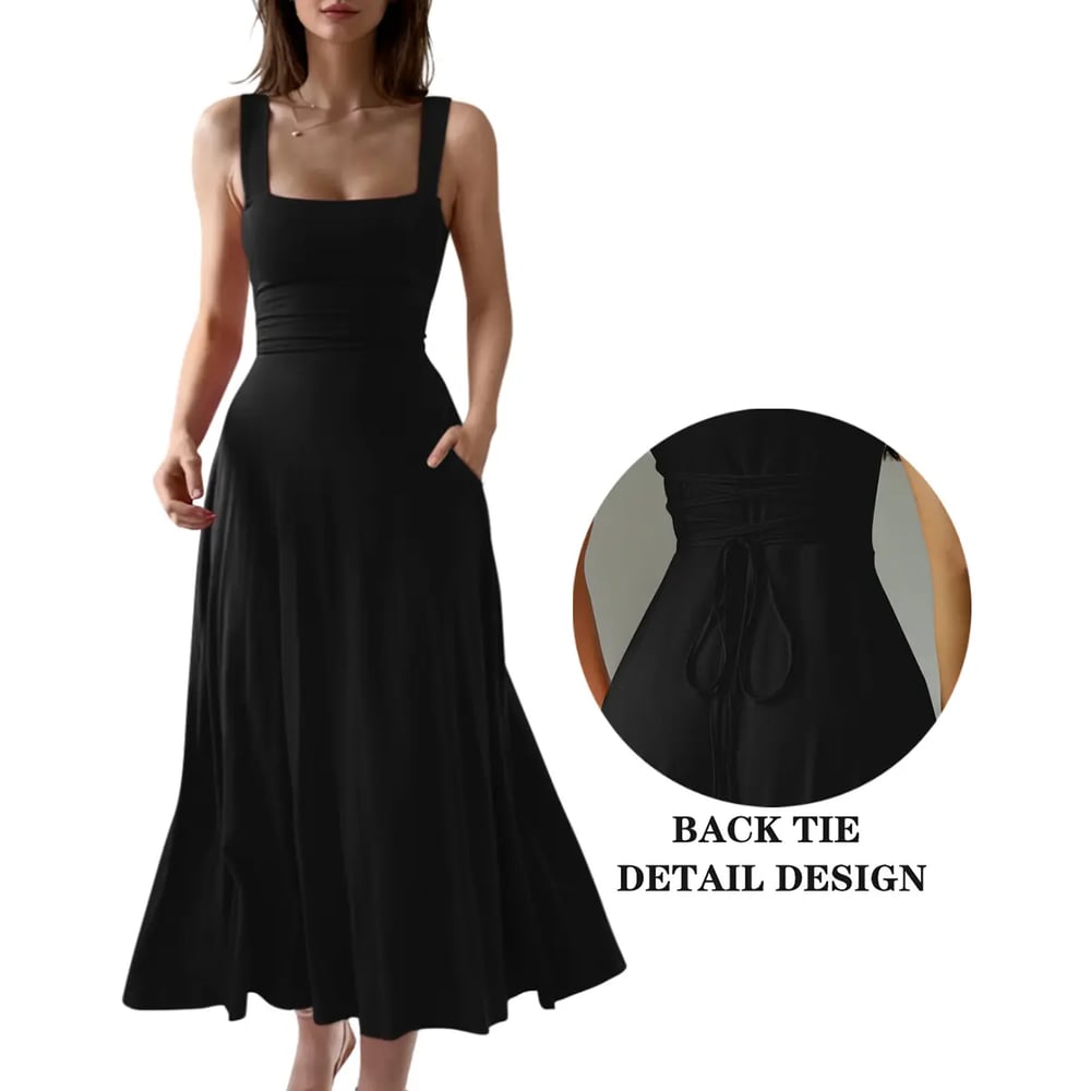 Women's Sleeveless Square Neck A-Line Maxi Dress with Pockets