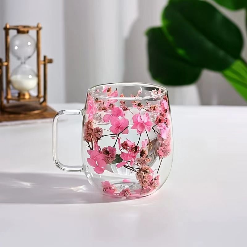 Transparent Double Glass Flower Tea Cup 350 ml