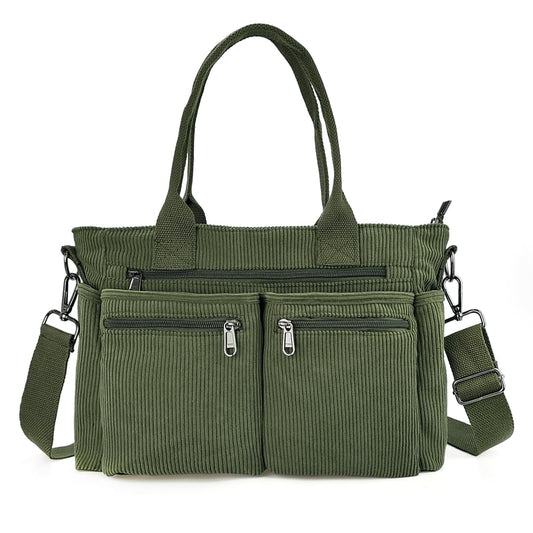 Women's Multi-Pocket Corduroy Tote & Crossbody Travel Bag