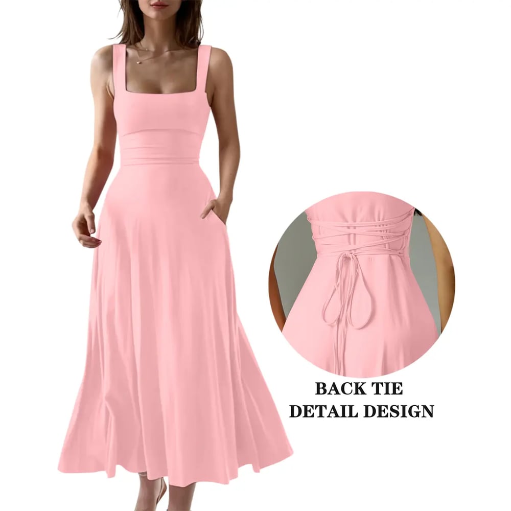 Women's Sleeveless Square Neck A-Line Maxi Dress with Pockets