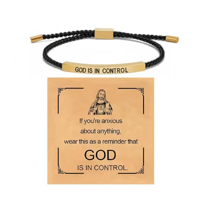 God is in Control Inspiration Bracelet, Unisex Adjustable Unisex Braided Christian Bracelet with Motivational Message Card Gift
