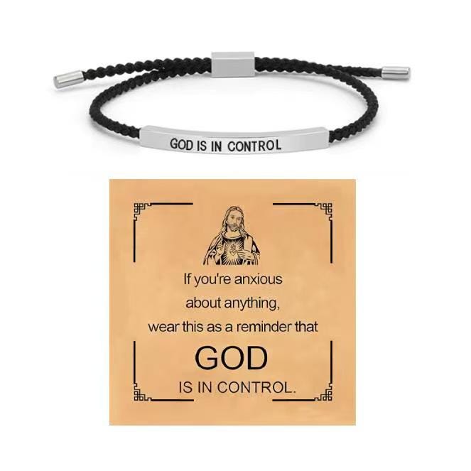 God is in Control Inspiration Bracelet, Unisex Adjustable Unisex Braided Christian Bracelet with Motivational Message Card Gift