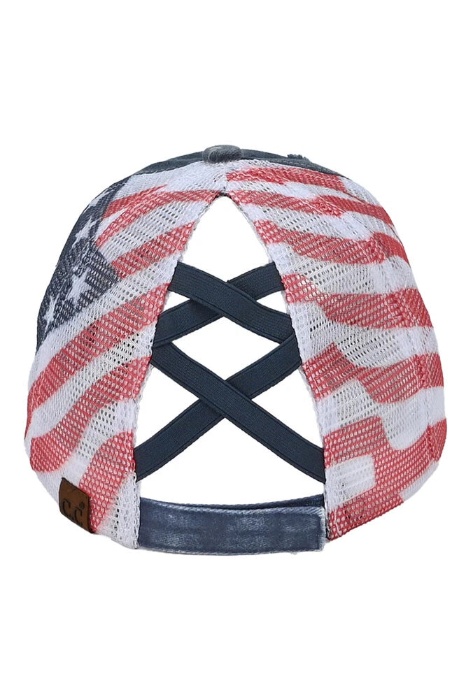 c.c women cotton brushed embroidery american flag mesh criss cross baseball cap