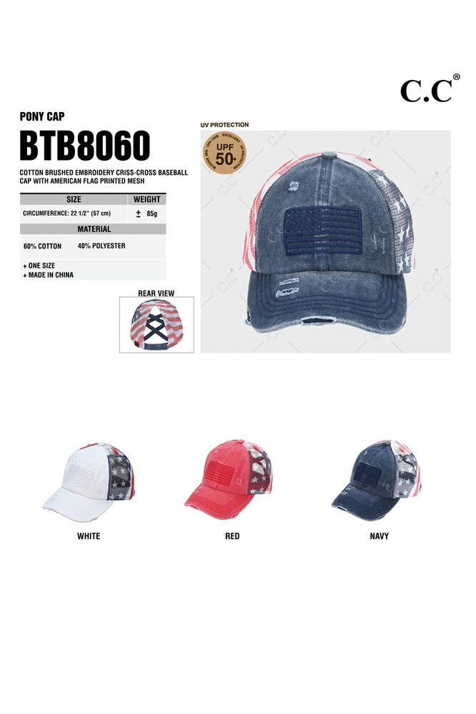 c.c women cotton brushed embroidery american flag mesh criss cross baseball cap