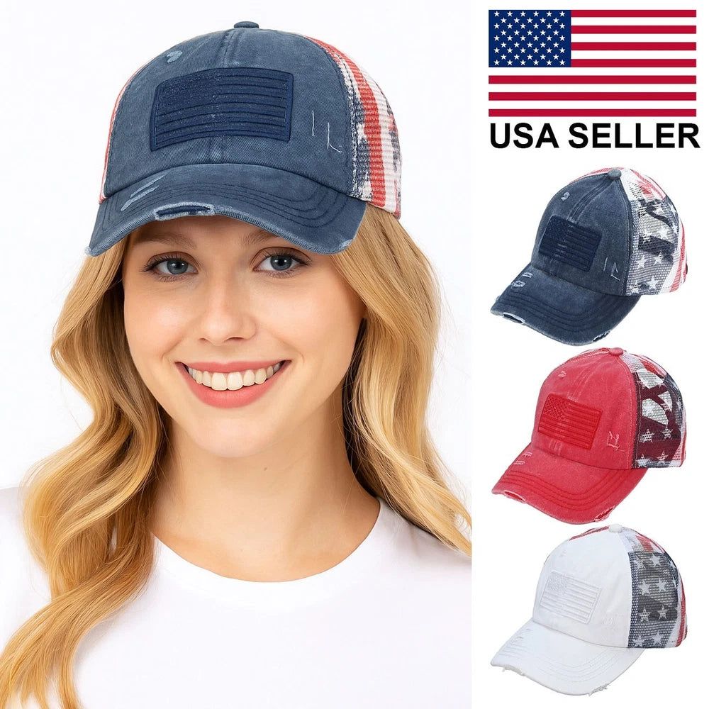 c.c women cotton brushed embroidery american flag mesh criss cross baseball cap
