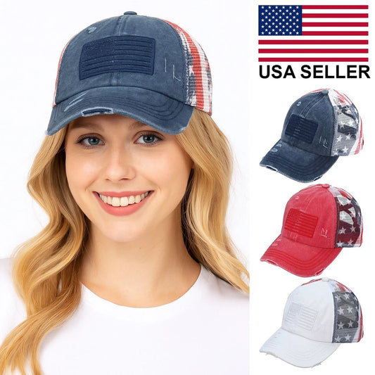 c.c women cotton brushed embroidery american flag mesh criss cross baseball cap