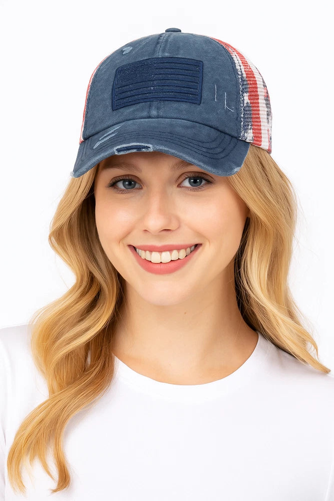 c.c women cotton brushed embroidery american flag mesh criss cross baseball cap