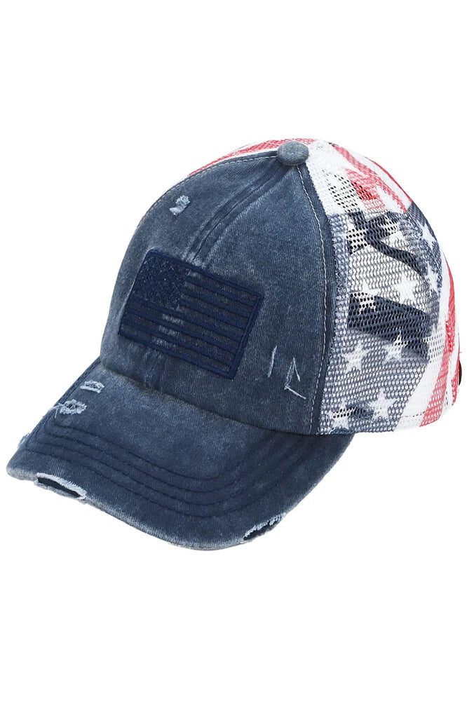 c.c women cotton brushed embroidery american flag mesh criss cross baseball cap