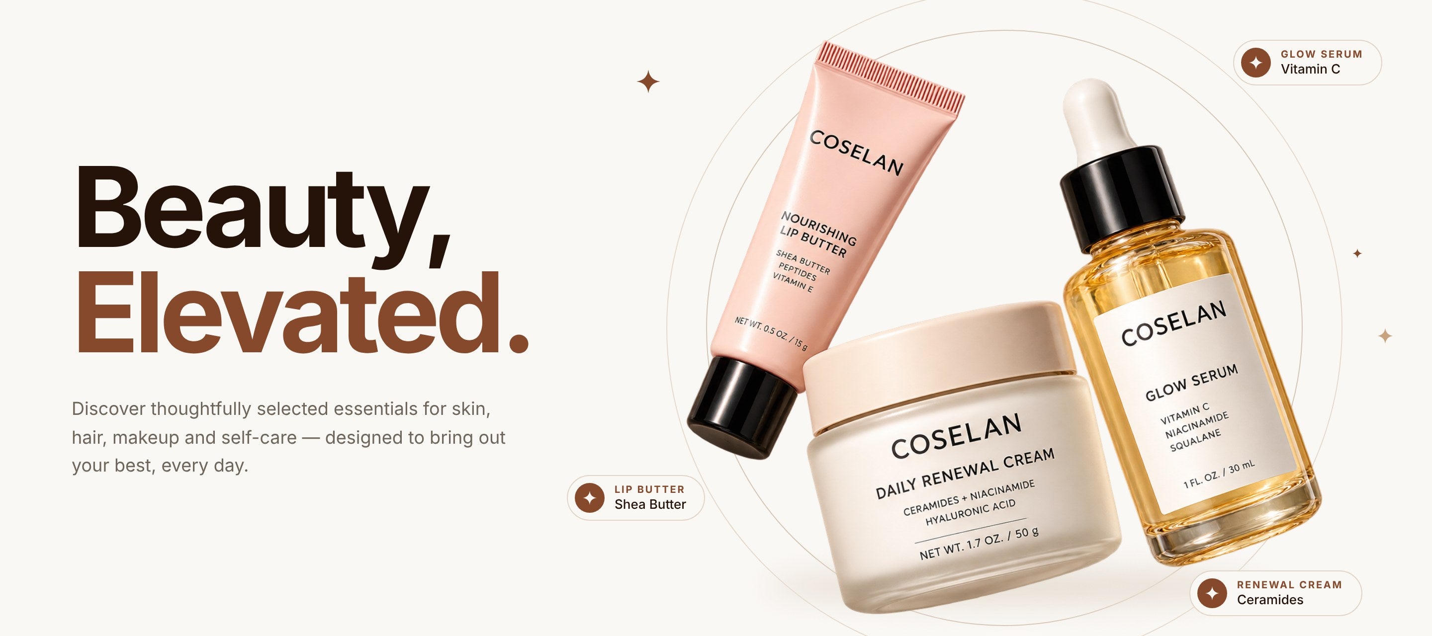Beauty, Elevated. COSELAN skincare, hair, makeup and self-care essentials